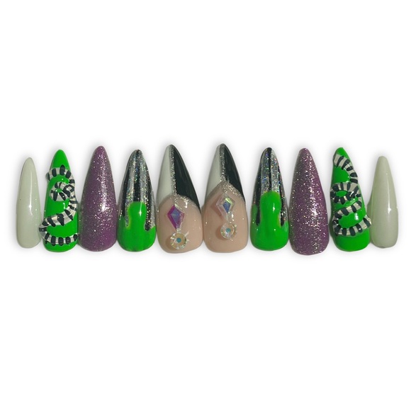 ShinyRock Nail Co Other - Green ooze black and white snake purple cat eye long Stilletto press-on nails